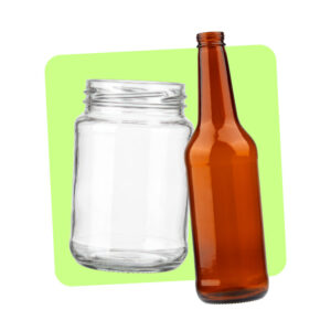 An empty glass bottle and empty glass jar