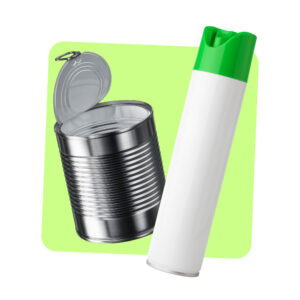 An empty metal tin and aerosol spray can