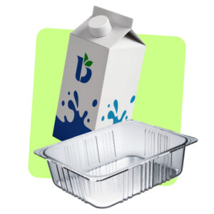 An empty clear plastic tray and a drinks carton